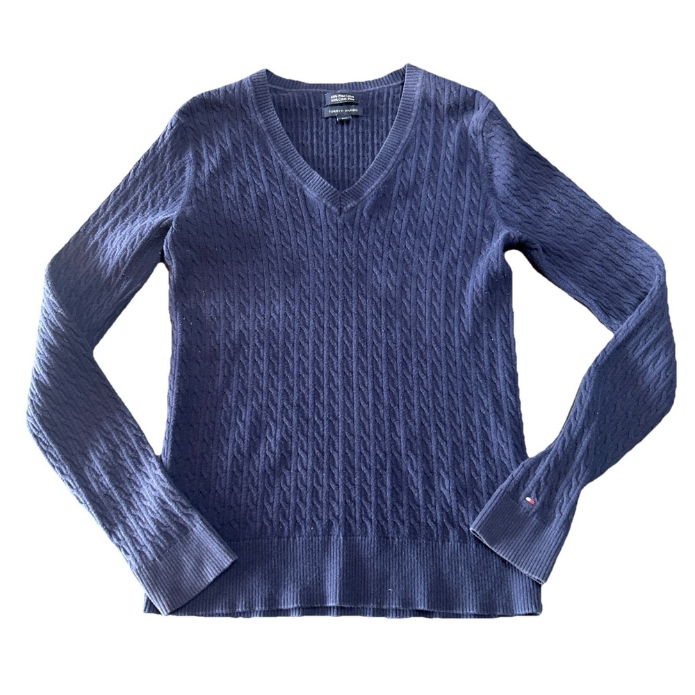 Tommy‎ Hilfiger Sweater Womens M Blue Cable Knit V Neck Cotton Pullover Pima